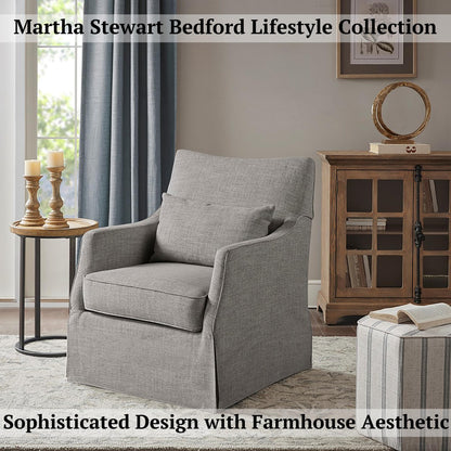 Martha Stewart London Swivel Chair - Solid Wood & Plywood, Skirted Metal Base Accent Armchair, Lumbar Pillow -Modern Classic Family Room Sofa Furniture Bedroom Lounge, 28"X31.5"X35.25", Grey