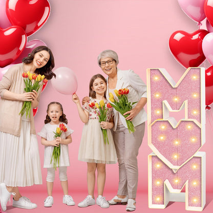 Mother’s Day Decorations LED Letter Lights, 4 Feet Tall ‘MOM’ Marquee Letters Lights Large Heart Sign for Mother’s Day Wall Deor Birthday Party Decorations Supplies, Pink