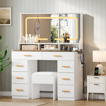 GAOMON Makeup Vanity Desk with Large Lighted Mirror, Vanity Desk with Glass Tabletop, 8 Drawers & 3 Storage Shelves, Vanity Set with Built-in Power Outlet for Bedroom & Dressing Area, White & Rustic