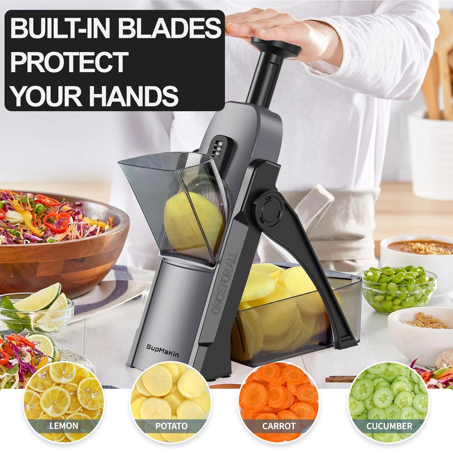SupMaKin Safe Mandoline Slicer for Kitchen, Potato Slicer for Chips, Vegetable & Food Cutter,Thickness Adjustable 0.1-8 mm, Kitchen Faster Slice Artifact (Only Slicer)