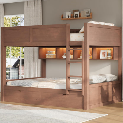 Merax Full XL Over Full XL Wood Bunk Bed Frame with Ladder,Storage Shelves & Drawers for Teens, Modern Low Bunk Bed with Solid Slats, Guardrail, No Box Spring Required, Easy Assembly, Brown