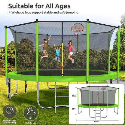 Lyromix Upgraded 12FT Trampoline for Kids and Adults, Large Outdoor Trampoline with Stakes, Light, Sprinkler, Basketball Hoop and Net, Capacity for 5-8 Kids and Adults