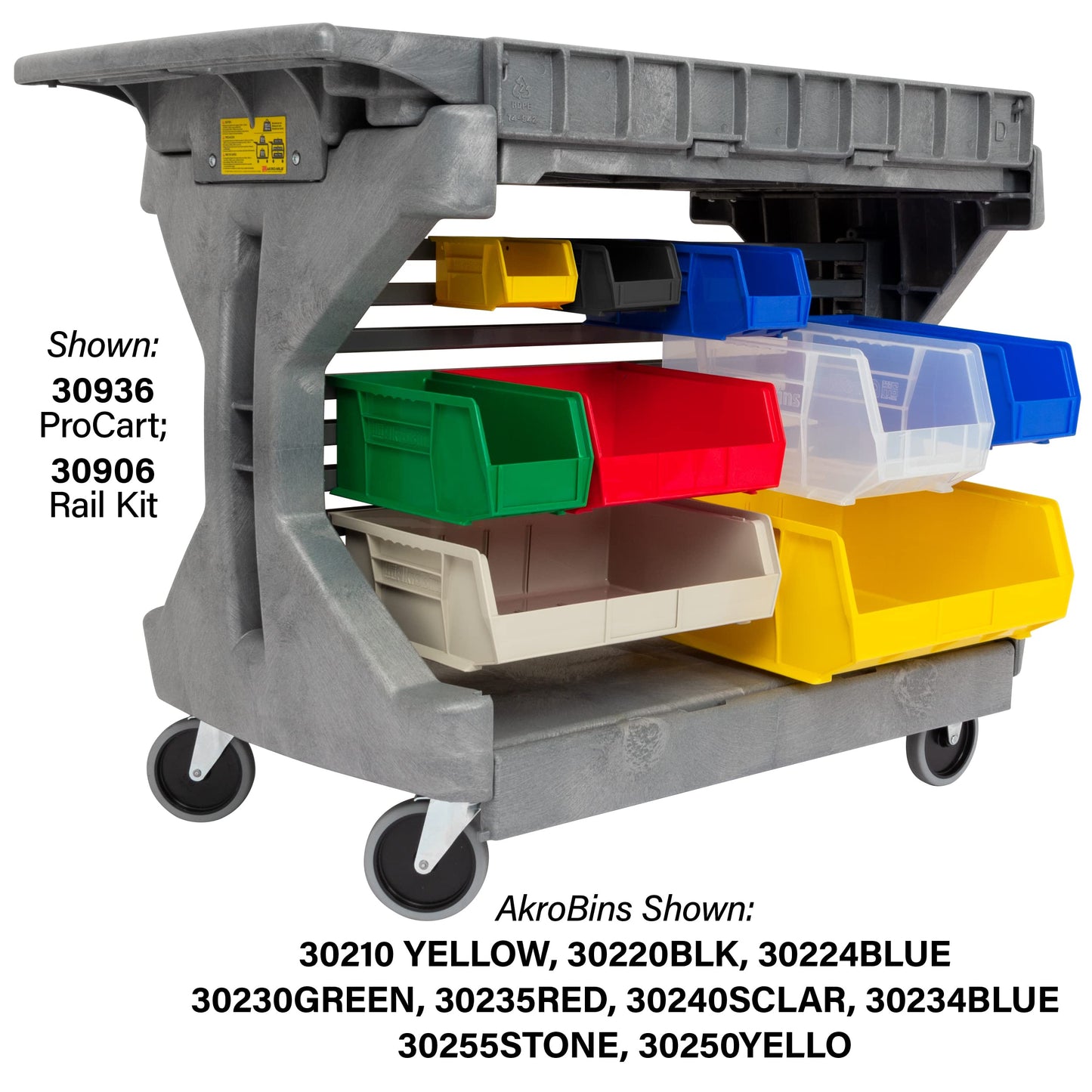 Akro-Mils 30936 ProCart 400 Pound Capacity Heavy Duty 2 Tier Rolling Service Utility Cart with Wheels and Hinged Side Gates, 46-Inch x 24-Inch x 35-Inch, Gray
