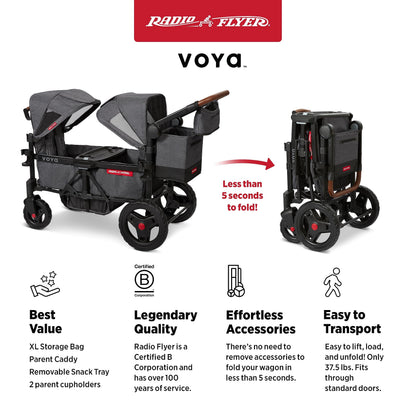 Radio Flyer Voya Stroller Wagon, for Toddlers and Kids 6+ Months, Push or Pull, 2 Seats, Dual Sun Canopies, Compact Fold, Lightweight, Storage Space, 5-Point Harnesses, Stroller Wagon for Kids