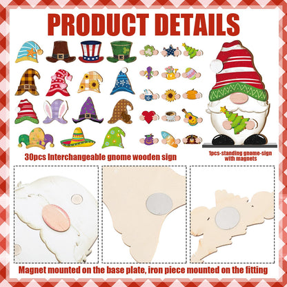 Blulu 32 Pcs Interchangeable Wooden Gnome Decor Summer 4th of July Patriotic Gnomes Welcome Sign Holiday Seasonal Tiered Tray Decor with Magnet Pieces for Gifts Decorations (Bright)