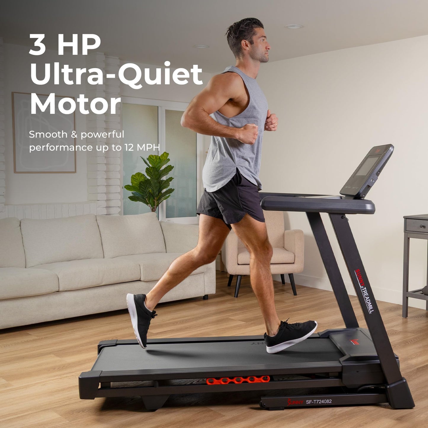 Sunny Health & Fitness Ultra T10 Wi-Fi Smart Treadmill with 10" Touchscreen, 12% Auto Incline, 20" Wide Running Deck with Free SunnyFit App – SF-T724082