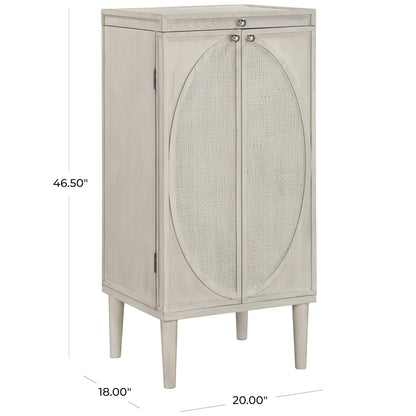 Deco 79 Wooden Geometric Washed Oval Rattan Front Armoire Jewelry 2 Door, 6 Drawer, and 32 Hook Cabinet with Mirrored Lift Top and Organizer Shelf, 20" x 18" x 47", Light Gray