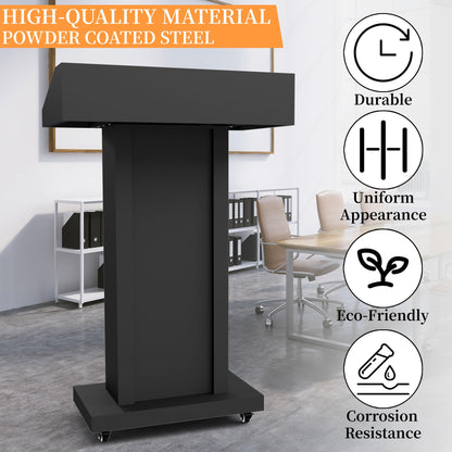 Heavy-Duty Black Metal Podium Stand with Lockable Wheels | Mobile Lectern with Storage Cabinet & Standard 44.56" Height | for Conference Rooms, Churches, Classrooms & Events (Style 3)