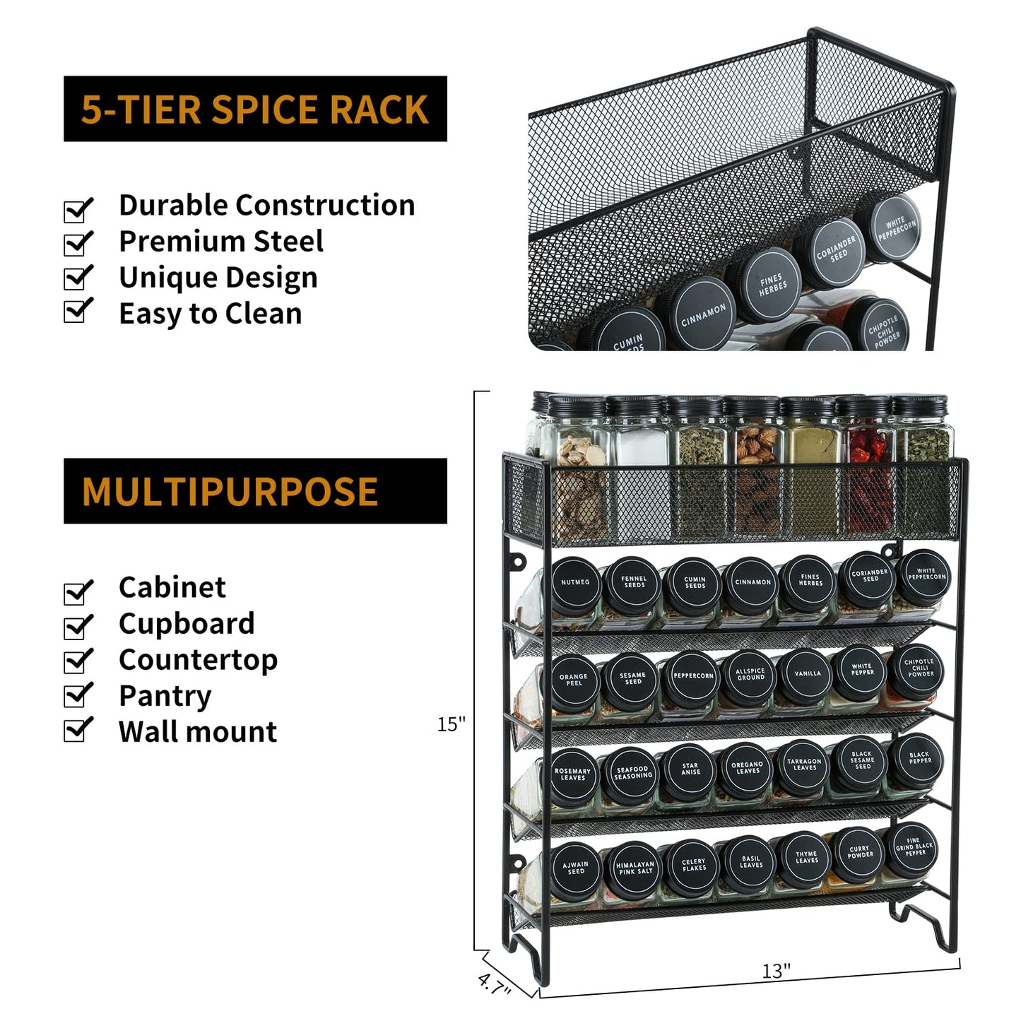 Spice Rack Organizer with 28 Spice Jars, Black Lids，Spice Labels, Chalk pen and Funnel Set for Cabinet, Countertop, Pantry, Cupboard or Wall Mount