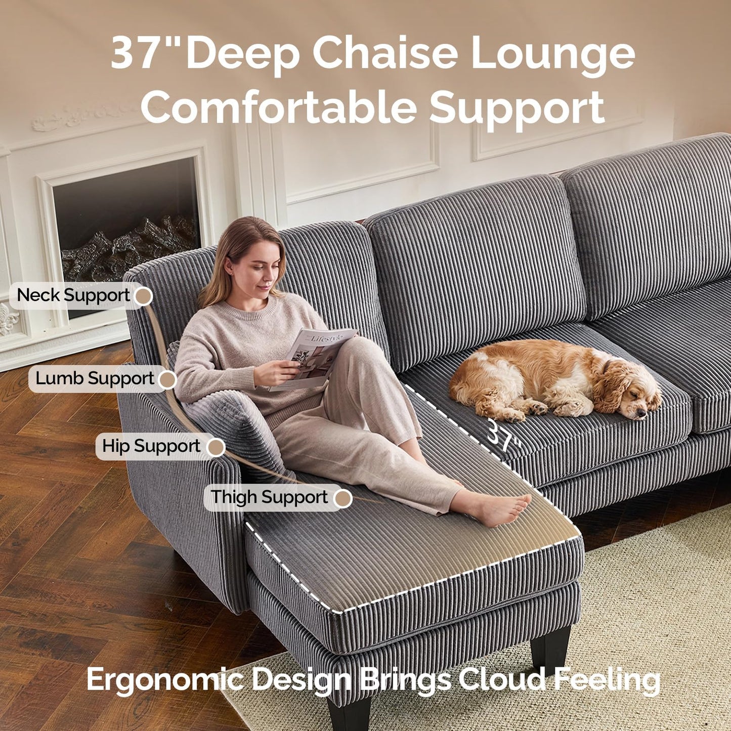 VINGLI 108" W U-Shaped Sectional Couches for Living Room, Sturdy Wooden Armrest Corduroy Cloud Couch with Double Chaise, High Support Modern 4-Seat Sectional Sofa for Apartment, Offices, Dark Grey