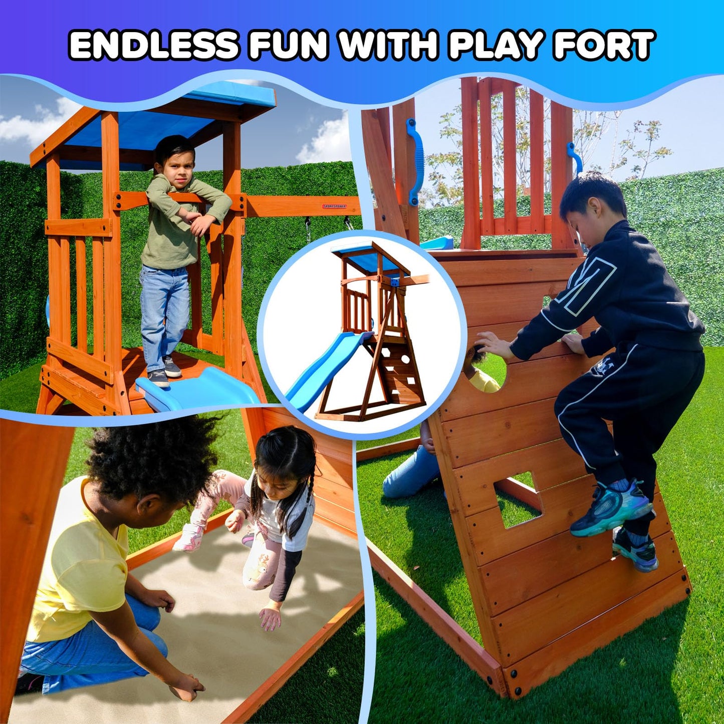 Sportspower Outdoor Grand Teton Cedar Wooden Swing Playset: 2 Swings, Fort, Sandbox, Ladder, 6ft Slide & Ground Anchor Kit