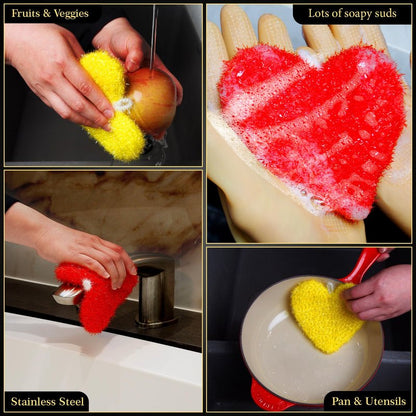 Dish Scrubber–Long Lasting, Non-Scratch, Odorless & Reusable Cookware Scrubber for Kitchen, Bathroom, and Floor–Big & Durable Alternative to Rags & Sponges, Heart Shape (3PK)