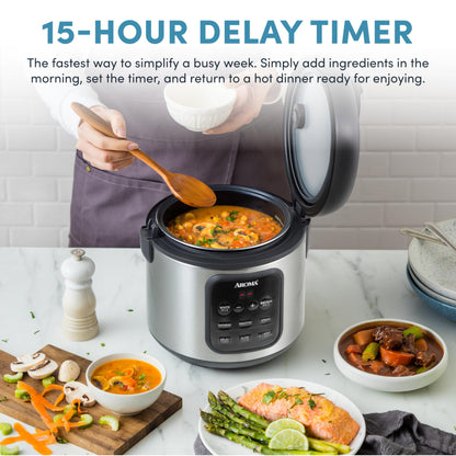 AROMA Digital Rice Cooker, 4-Cup (Uncooked) / 8-Cup (Cooked), Steamer, Multicooker, Slow Cooker, Oatmeal Cooker, Auto Keep Warm, 2 Qt, Stainless Steel Exterior