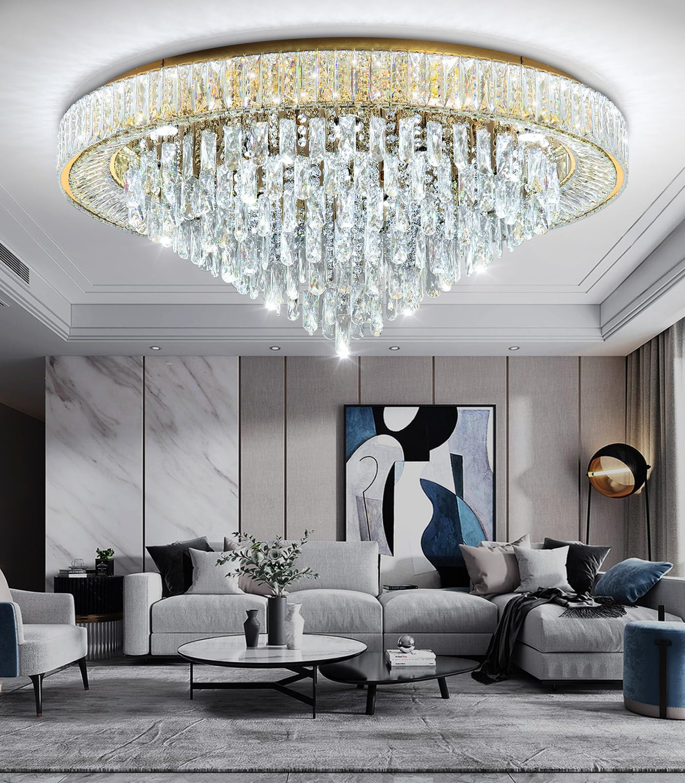 dolria Modern Crystal Large Chandeliers LED Dimmable Flush Mount Ceiling Chandeliers for Living Room High Ceiling Entrance Foyer Bedroom