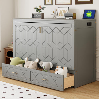Merax Queen Size Murphy Cabinet Bed with Storage Drawers, Wall Murphy Bed with a Set of Sockets & USB Ports, Folding Platform Bed for Small Room