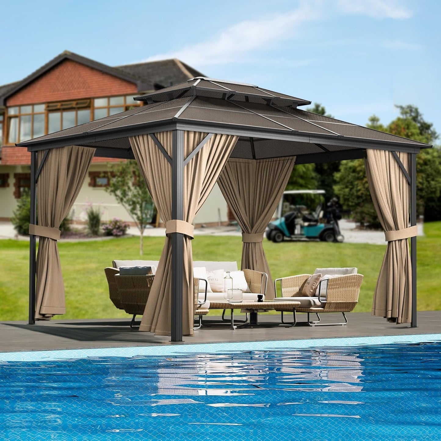 10'x13' Hardtop Gazebo, Outdoor Polycarbonate Double Roof Canopy, Aluminum Frame Permanent Pavilion with Curtains and Netting, Sunshade for Garden, Patio, Lawns (10x13ft)