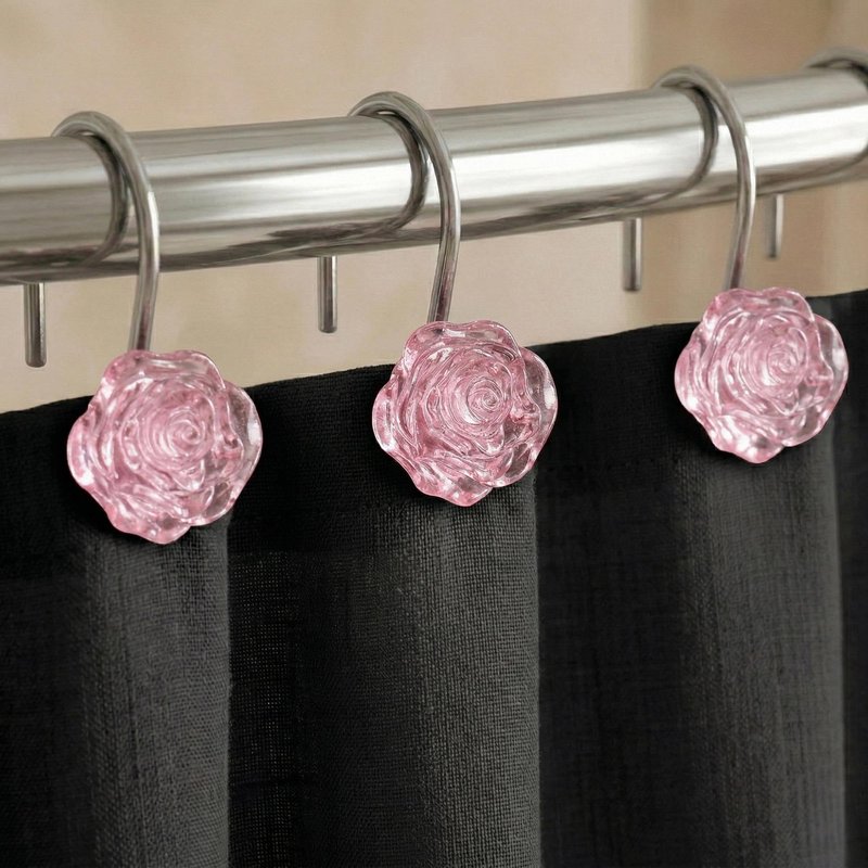 Pink Flower Shower Curtain Hooks: 12 Pcs Blush Crystal Ice Textured Decorative Rings for Floral Rose Leaf Plant Spring Shower Curtain - Cute Rustproof Hangers for Girls Bathroom & Valentines Day Decor