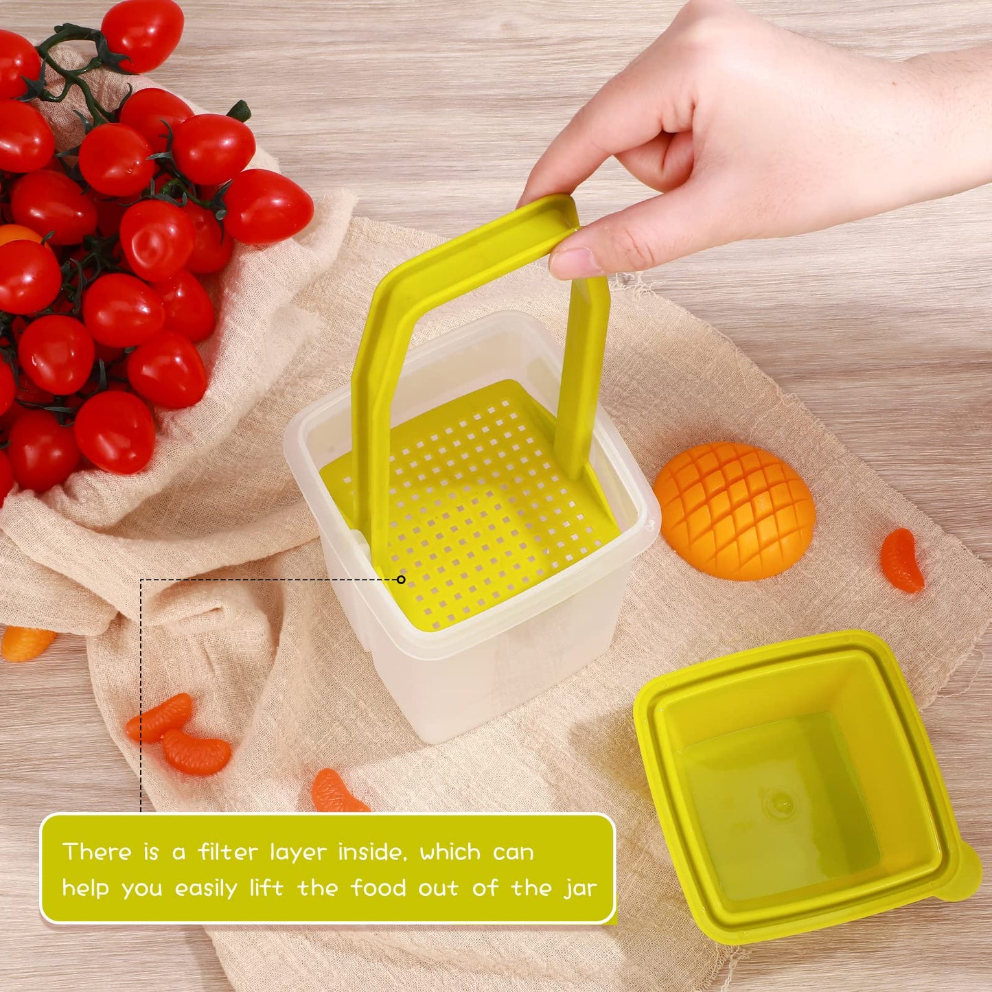 CHENGU 3 Pieces Jalapeno Pickle Containers with Strainers Square Dispensers Free Storage of Condiment Food Pickle Holder with Easy to Open Lid Design for Pickled Kitchen Tools (Yellow)