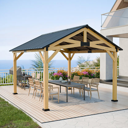 INTER HUT 10x12 Hardtop Gazebo with Netting and Curtains, Galvanized Steel Double Roof Outdoor Pavilion with Aluminum Frame, Patio Gazebo for Deck, Garden, Lawn, White/Gray