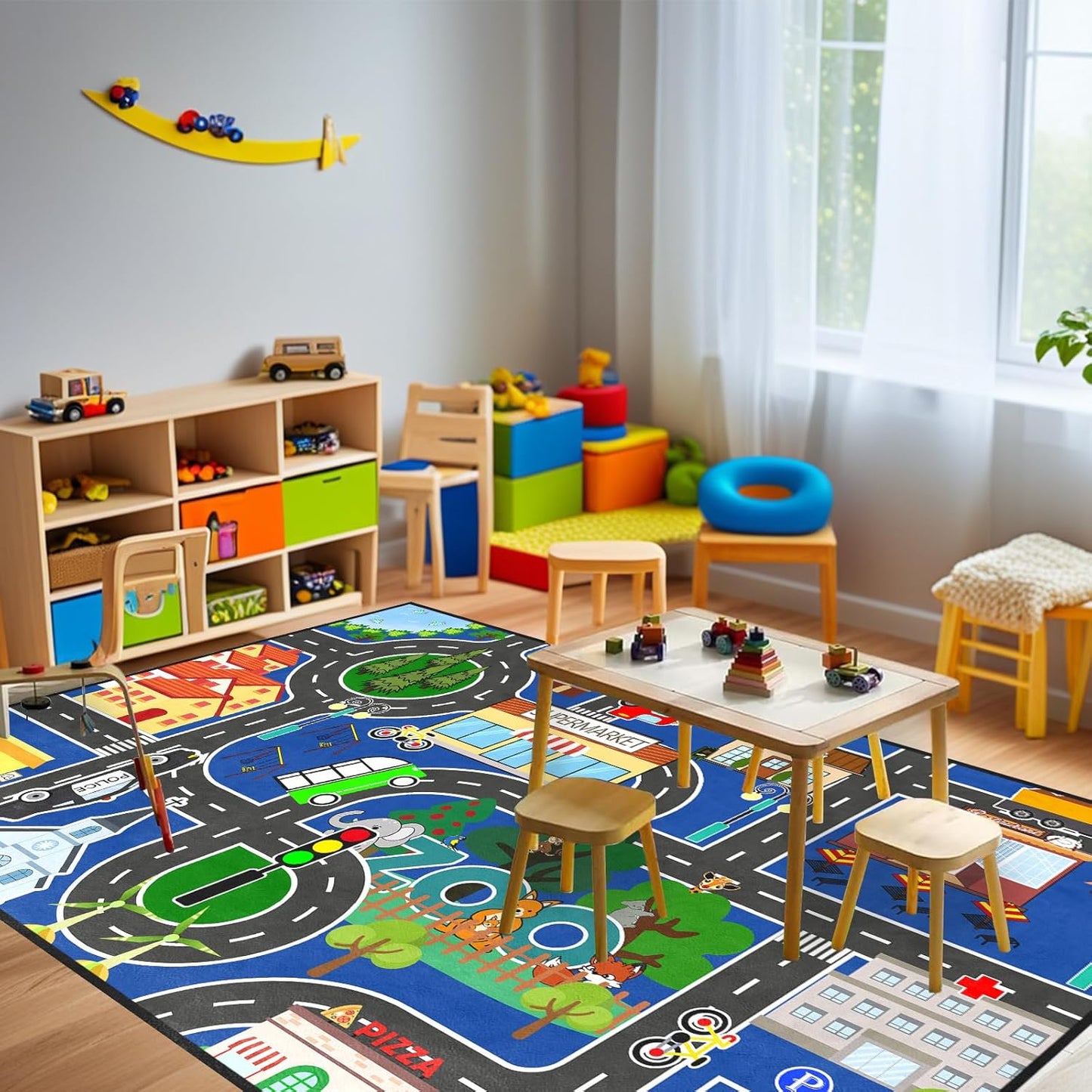4.5x6 Road Rug for Kids - Car Rug Play Mat for Boys Room, Blue Road Carpet Playmat Fun Race Track Car Carpet for Kids