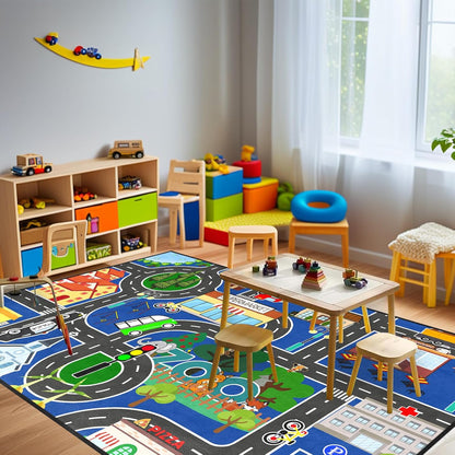 4.5x6 Road Rug for Kids - Car Rug Play Mat for Boys Room, Blue Road Carpet Playmat Fun Race Track Car Carpet for Kids