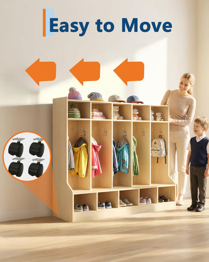 Garvee Kids Coat Locker with Bench for Classroom, Smooth Wood Surface 10 Cubbies, Daycare Cubby with 4 Hidden Casters & 10 Hooks, Cubby Storage Organizer for Nursery, Home, School