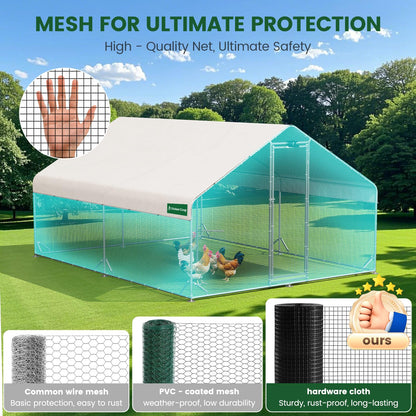 Large Chicken Coop with Chicken Run & Hardware Cloth, Solar Light, Waterproof & UV-Resistant Cover, Outdoor Poultry Cage for Farm Use,2 Room