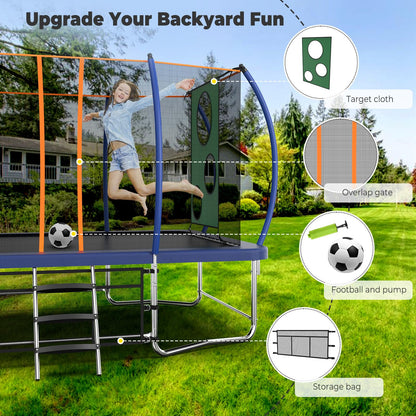 Lyromix 14FT Outdoor Rectangle Trampoline for Kids and Adults, Rectangular Trampoline with Curved Poles, Pumpkin Trampolin with Light, Sprinkler, Soccer and Storage Bag