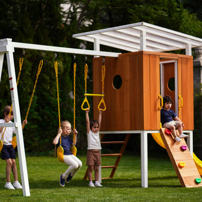 Avenlur Modern Outdoor Backyard Swing Set Children's Rock Climbing Wood Playground Playset 2 Belt Swings, Clubhouse Fort, Windows, Ladder, Wavy Slide Toddlers, Kids Climbers Play Adventure Rock 3-11yr