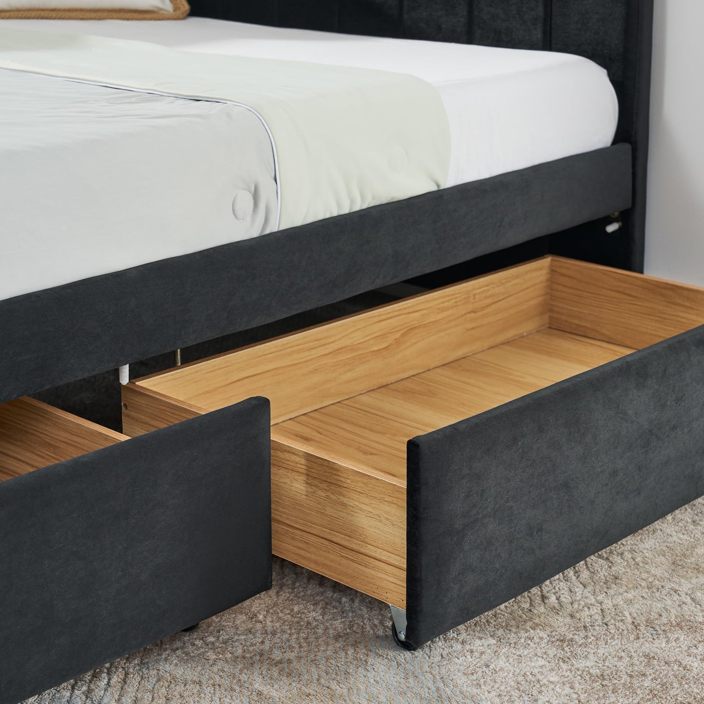 Ball & Cast Full Size Daybed with Two Storage Drawers,Velvet Upholstered Day Bed Frame with Channel Tufted Backrest & Armrest,Wood Slats Support,No Box Spring Needed,for Bedroom Guestroom,Black