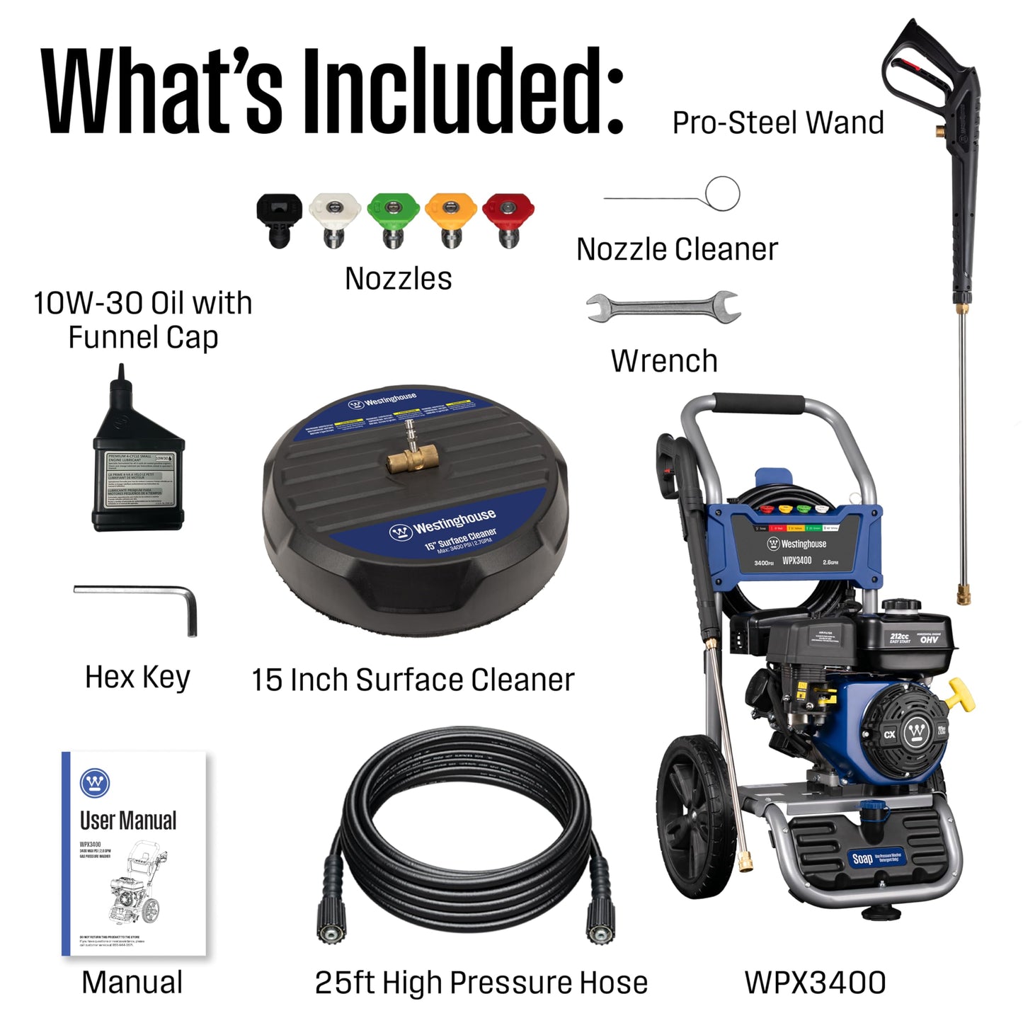 Westinghouse WPX3400SC Gas Pressure Washer with 15-inch Surface Cleaner, 3400 PSI and 2.6 Max GPM, Onboard Soap Tank, Spray Gun and Wand, 5 Nozzle Set, for Cars/Fences/Driveways/Homes/Patios/Furniture