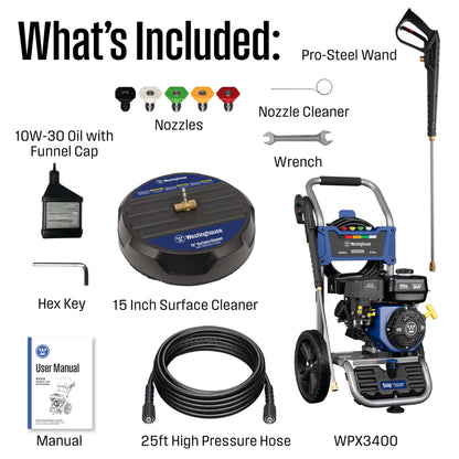 Westinghouse WPX3400SC Gas Pressure Washer with 15-inch Surface Cleaner, 3400 PSI and 2.6 Max GPM, Onboard Soap Tank, Spray Gun and Wand, 5 Nozzle Set, for Cars/Fences/Driveways/Homes/Patios/Furniture