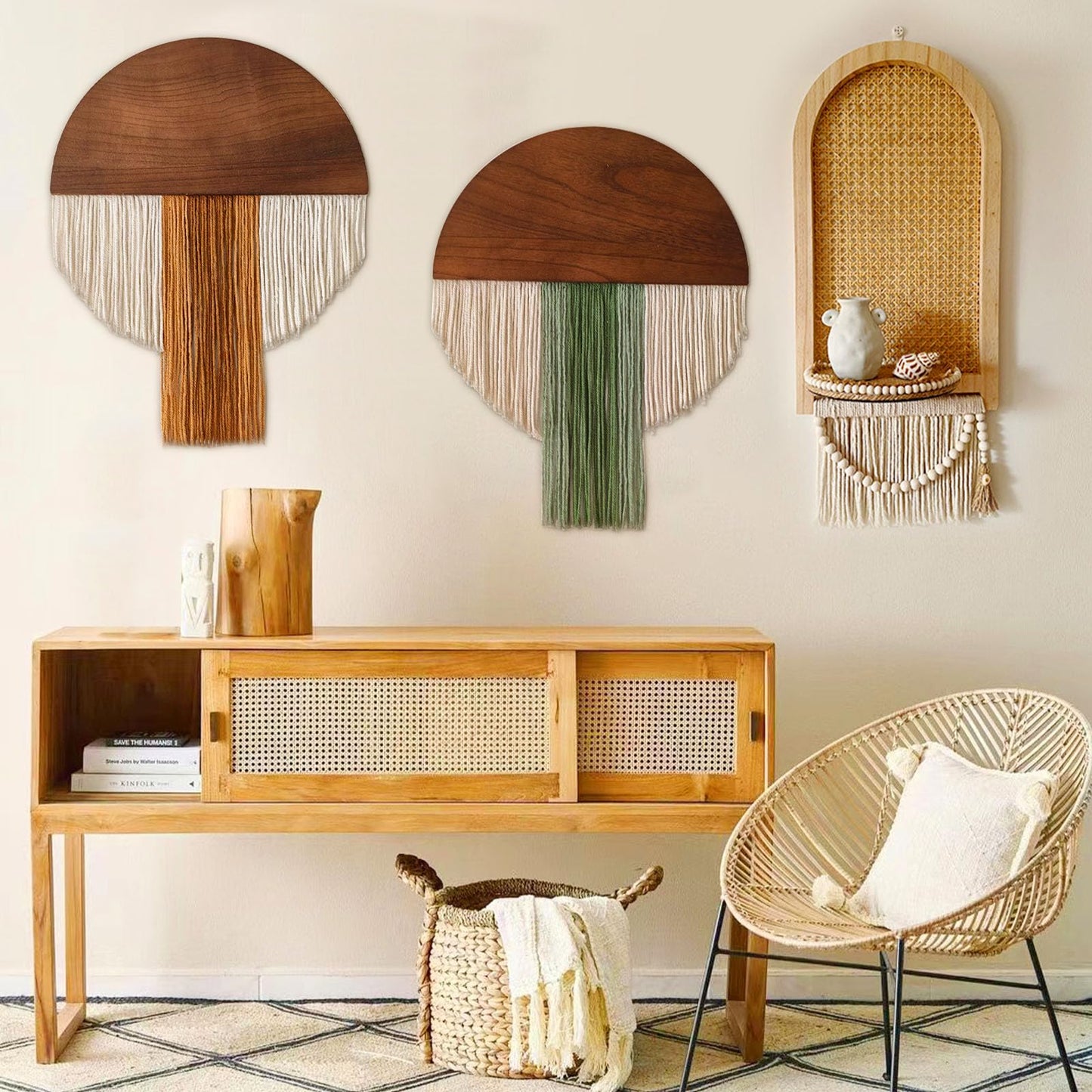 Suteng 2 Pcs Macrame Wall Hanging Bohemian Style Half-Circle Wooden Board Fringe Tapestry, Boho Decor Wall Tapestry Handmade Round Tassel for Living Room Bedroom Apartment Wall Art Headboard Decor