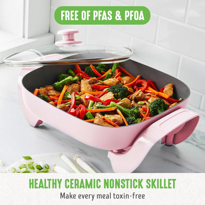 GreenLife 12" 5QT Square Electric Skillet – Glass Vented Lid, Ceramic PFAS-Free Nonstick, Adjustable Temperature