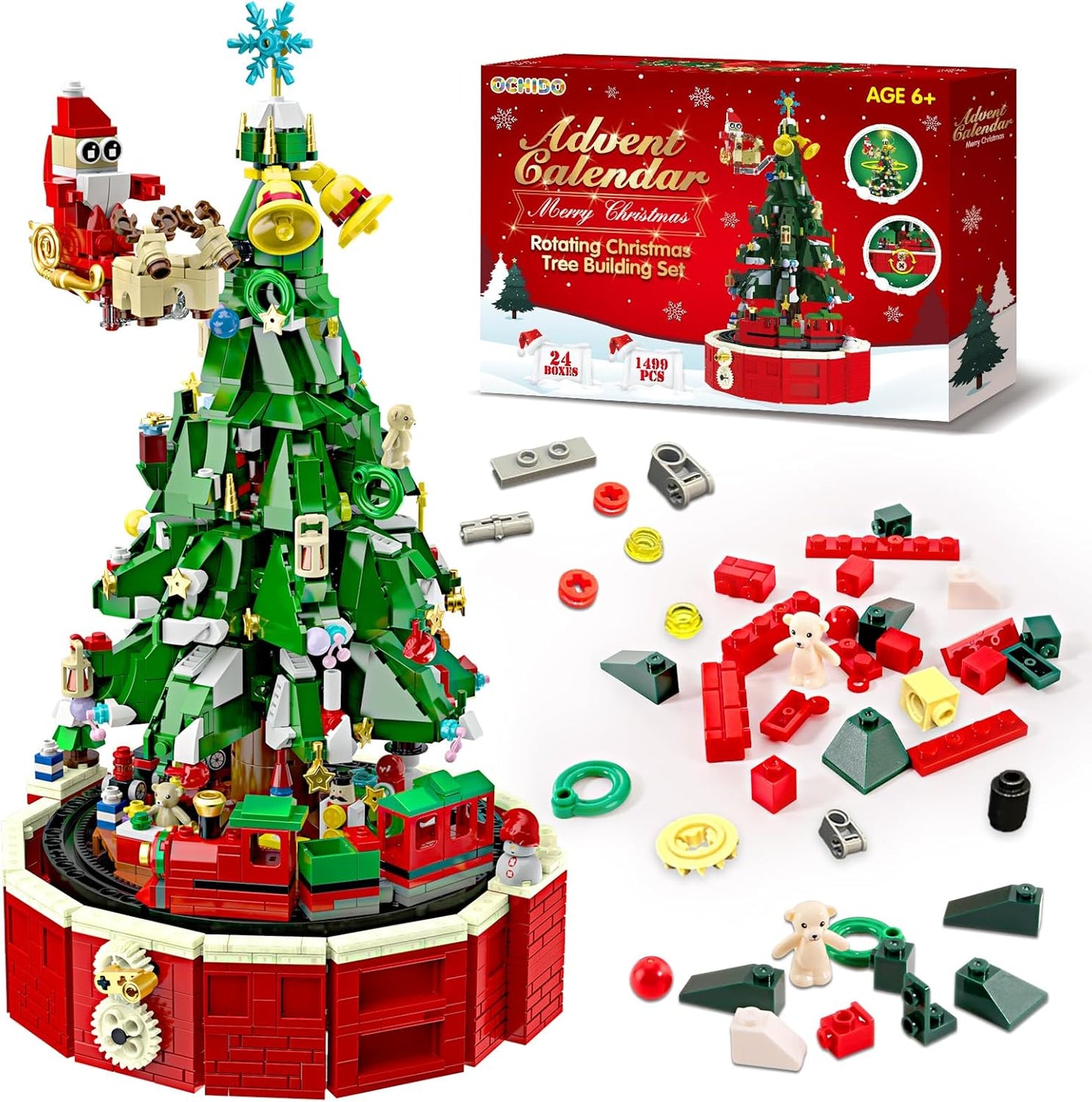 2025 24 Countdown Set, 6+, Ochido Advent Calendar Rotating Christmas Tree Building Blocks Kit, Days Christmas Toy