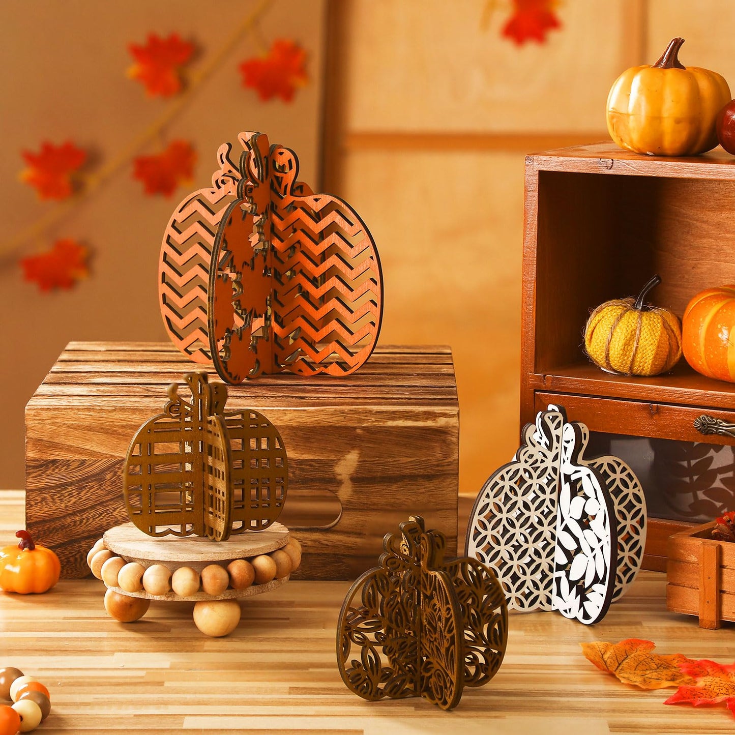 Soaoo 12 Pieces Thanksgiving Wooden Table Signs Pumpkin Wood Table Decoration Thanksgiving Tiered Tray Decoration Fall Centerpieces Harvest Block Sign Farmhouse Decorations for Home Party Indoor