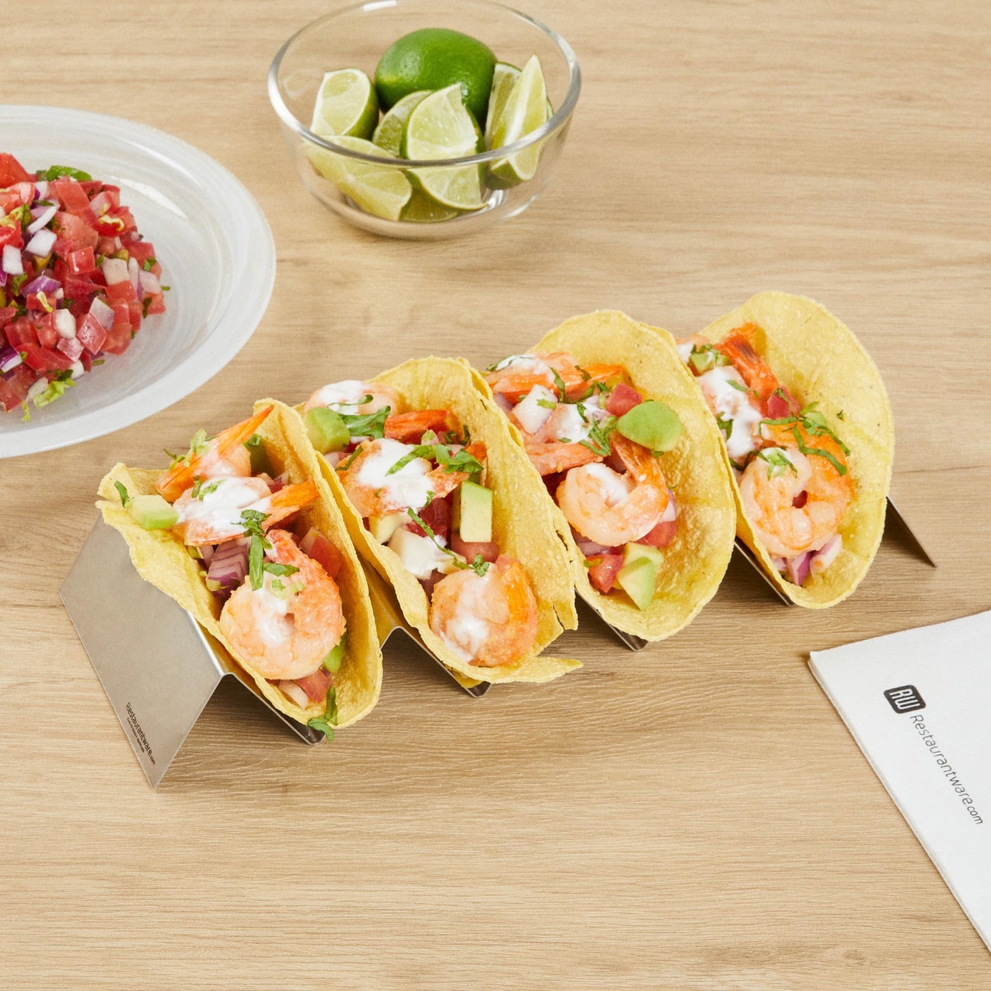Restaurantware 10.7 Inch x 4 Inch Taco Stand 1 Holds 4 Tacos Taco Rank - Reversible Dishwasher Safe Stainless Steel Taco Holder For Hard Or Soft Shells