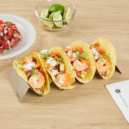 Restaurantware 10.7 Inch x 4 Inch Taco Stand 1 Holds 4 Tacos Taco Rank - Reversible Dishwasher Safe Stainless Steel Taco Holder For Hard Or Soft Shells