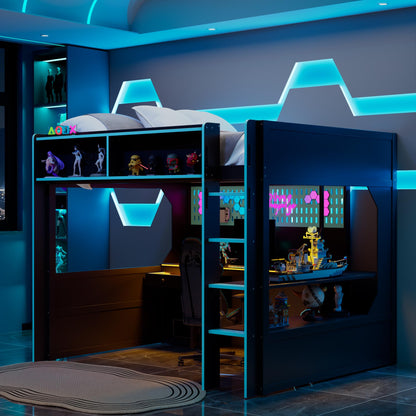 Merax Full Size Gaming Loft Bed with Integrated Desk and Lights, Modern Wooden Bed Frame with Desk and Built-in Charging Station, Black+Blue