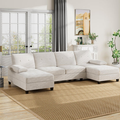 U-Shaped Sectional Couches for Living Room, 4 Seat Sofa with Double Chaise Lounges,Solid Wood Frame Sectional Sofa for Apartment,White