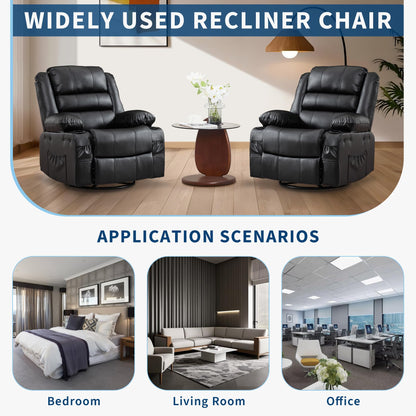 Rocking Recliner Chair for Adults Wide 360° Swivel Rocker Recliner with Cup Holder Nursery Glider with Upholstered Deep Seat PU Leather Comfy Single Sofa for Living Room Black