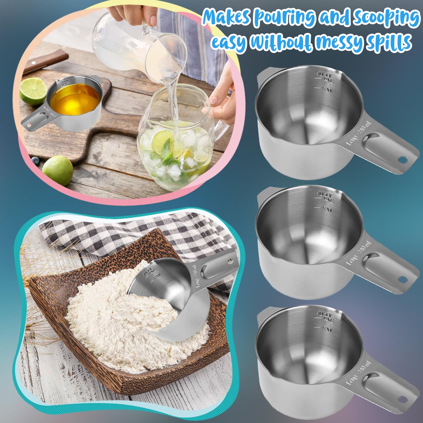 8 Pack 1 Cup Stainless Steel Measuring Cup 8 oz/ 240 ml Single Metal Measure Scoop for Wet and Dry Ingredients Cooking Great Kitchen Gadgets Dog Food Scoop