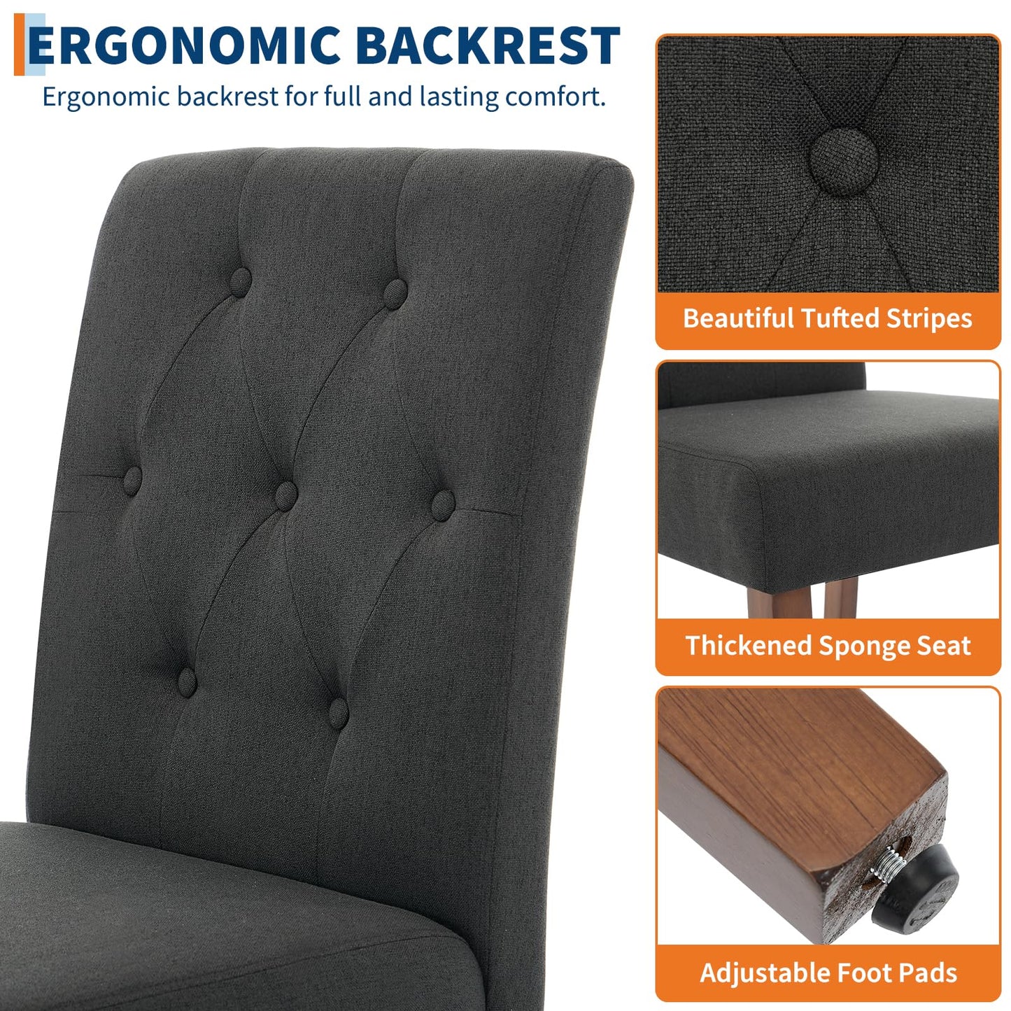IDEALHOUSE Dining Chairs Set of 6, Linen Fabric Upholstered Parsons Chairs with Rubberwood Legs, Comfortable Padded Seat Kitchen, Dining Room Side Chairs, Living Room Black