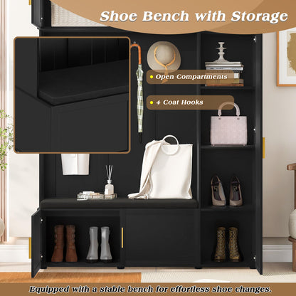 Amposei Modern Hall Tree with Shoe Storage Bench & Coat Rack, 79.72''H Tall Entryway Cabinet Organizer with 6 Doors, 4 Hooks & Padded Seat for Hallway Mudroom Living Room, Black