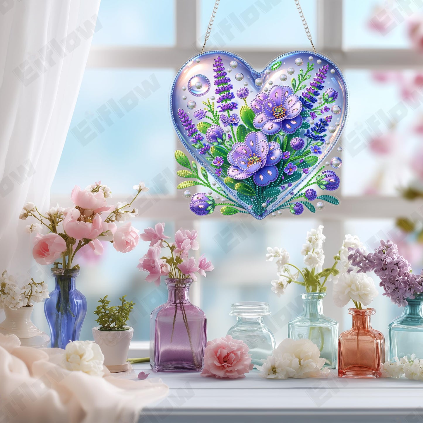 Eiflow Acrylic Diamond Art Hanging Kit for Adults, DIY Diamonds Painting Door Hanger Board Kit, Special Crystal Diamond Art Painting Pendant Ornament (Purple Flower)