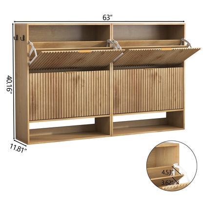 GarveeHome Set of 2 Fluted Shoe Cabinets for Entryway, Slim Freestanding Shoe Storage with Flip Drawers, Open Shelf & Side Hooks, Narrow Shoe Organizer Cabinets for Hallway or Family Entryway, Oak