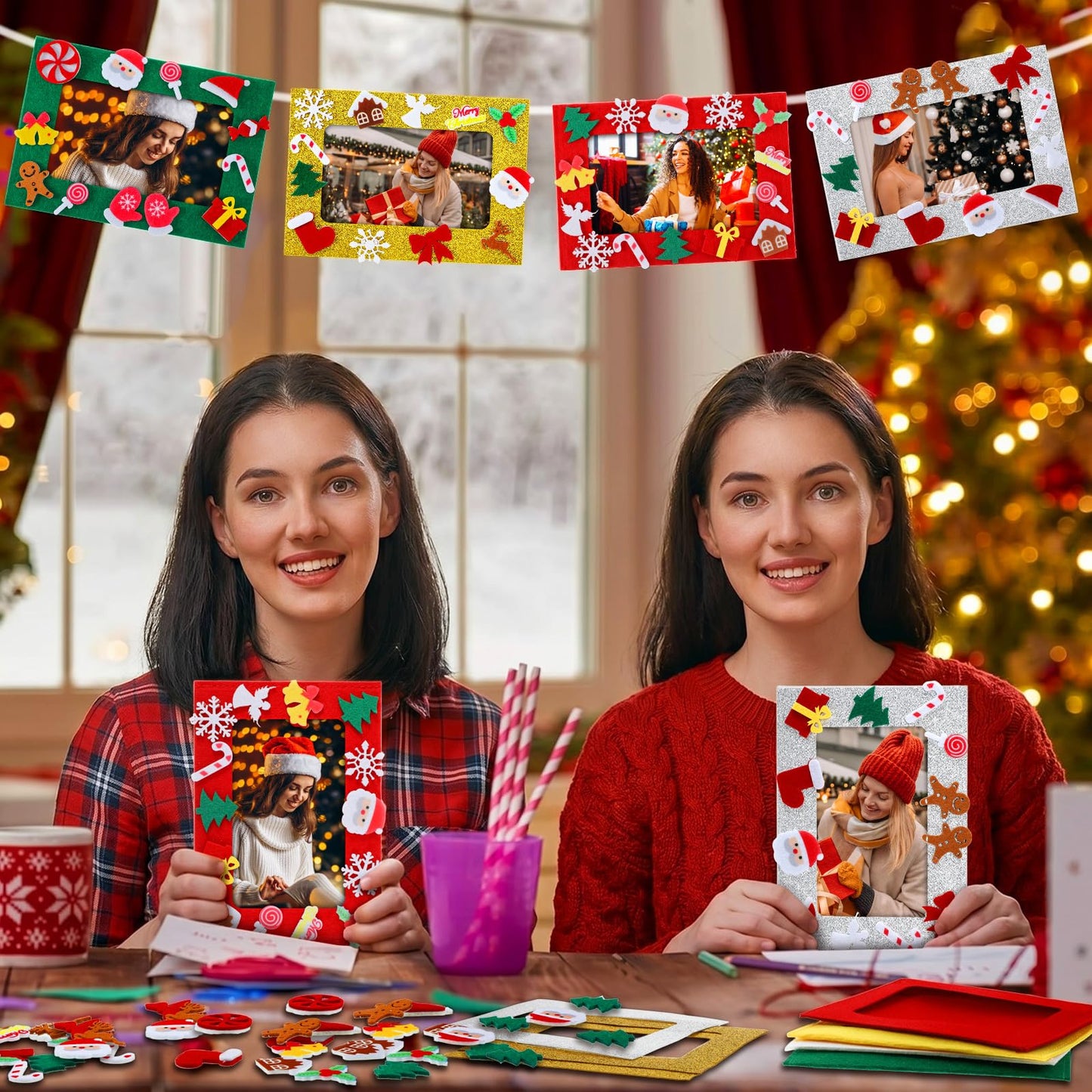 232 Pcs Christmas DIY Picture Frames Craft Kit for Kids 32 Set Felt Photo Frames with Snowflake Christmas Crafts to Decorate with 200 Foam Stickers for Party Favor Home Classroom (Snowflake)