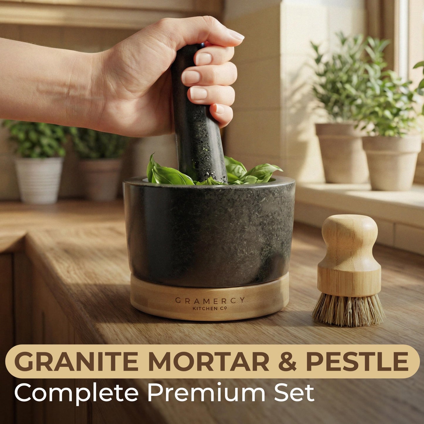 Gramercy Mortar and Pestle Set – Heavy Duty Granite Stone Grinder with Stable Bamboo Base, Extra Long Pestle & Cleaning Brush - Ideal Guacamole Bowl, Herb Grinder & Molcajete Bowl, 1.5-Cup