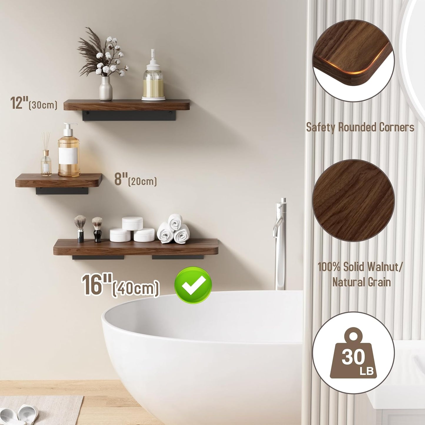 16 inch Danpoo Solid Walnut Floating Shelf - Large, Heavy Duty Wall Shelf for Kitchen, Living Room, Bathroom, Built