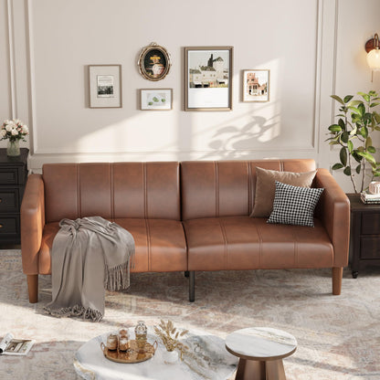 GarveeHome Futon Sofa Bed, 75-Inch Modern Faux Leather Convertible Couch, Mid-Century Loveseat for Small Space, Living Room, Bedroom, Brown